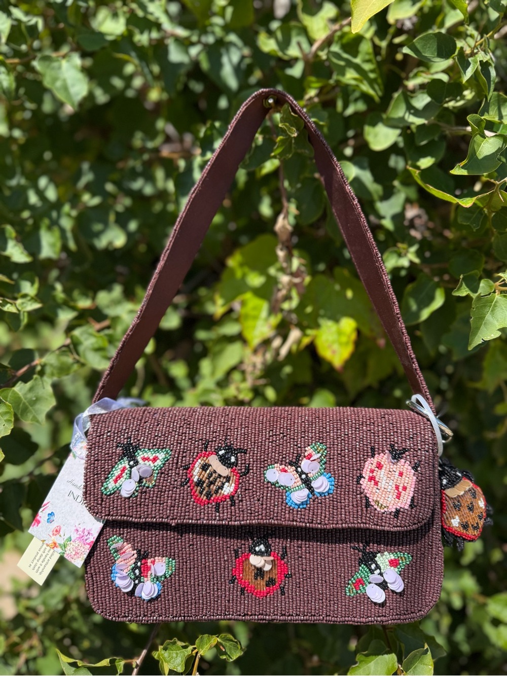 NWT Made in India Insects Bugs Butterfly Ladybug Brown Beaded Bag with Charm New